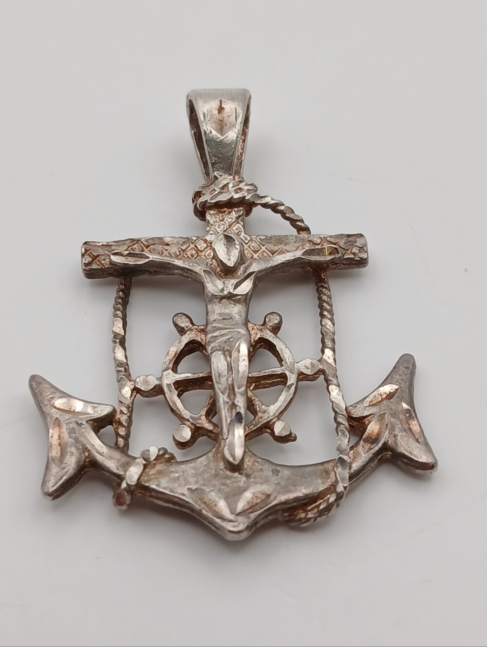 Etched Jesus Anchor Cross Marked 925 Religious Necklace Pendant Charm